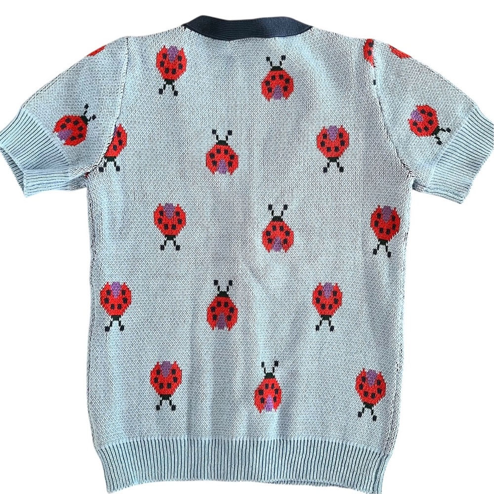 ModCloth Ladybug Print Cardigan Sweater Medium Blue Short Sleeve Cute Retro - Picture 3 of 10